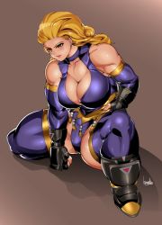 Rule 34 | 1girl, blonde hair, boots, bowalia, breasts, choker, cleavage, clenched hand, detached sleeves, earrings, fingerless gloves, gloves, green eyes, jewelry, large breasts, leotard, long hair, mary ivonskaya, muscular, muscular female, solo, square enix, thighhighs, tobal no. 1
