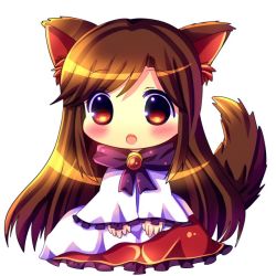 Rule 34 | 1girl, animal ears, blood, blood splatter, blush, broken, brooch, brown hair, chibi, chocolat (momoiro piano), commentary, imaizumi kagerou, jewelry, long sleeves, open mouth, shirt, sitting, skirt, solo, tail, touhou, wide sleeves, wolf ears, wolf tail