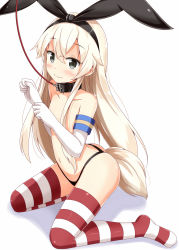 Rule 34 | 10s, 1girl, aikawa ryou, anal tail, ass, black panties, blonde hair, blush, butt plug, collar, elbow gloves, fake tail, gloves, grey eyes, hair between eyes, highleg, highleg panties, highres, kantai collection, leash, long hair, navel, panties, pet play, sex toy, shimakaze (kancolle), simple background, smile, solo, stomach, striped clothes, striped thighhighs, tail, thighhighs, underwear, white background, white gloves