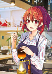 Rule 34 | 1girl, :d, apron, blue apron, blush, coffee, hair ornament, hairclip, highres, indoors, looking at viewer, okutomi fumi, open mouth, original, red eyes, red hair, smile, solo, upper body