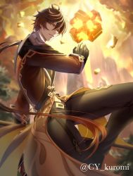 Rule 34 | 1boy, black gloves, blurry, blurry background, brown hair, cloud, cloudy sky, collared shirt, cykuromi, formal, genshin impact, gloves, gradient hair, hair between eyes, holding, holding polearm, holding spear, holding weapon, jacket, long hair, long sleeves, looking at viewer, male focus, meteor, mountain, multicolored hair, necktie, open mouth, orange hair, outdoors, polearm, ponytail, shirt, sky, solo, spear, suit, twitter username, weapon, yellow eyes, zhongli (genshin impact)