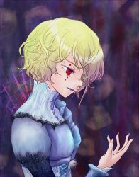 Rule 34 | 1girl, blonde hair, expressionless, hikari no valusia, hilde lome d&#039;arc, juliet sleeves, lipstick, long sleeves, makeup, naka (ez), puffy sleeves, purple background, red eyes, short hair, solo, steampunk (liarsoft)