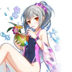 Rule 34 | 1girl, bad id, bad twitter id, breasts, brown eyes, closers, coconut, covered navel, empty eyes, expressionless, grey hair, hair ornament, hair scrunchie, looking at viewer, nail polish, official art, one-piece swimsuit, open mouth, pink nails, ponytail, scrunchie, small breasts, solo, swimsuit, tina (closers), transparent background, watch, water drop, wet, wet hair, wristwatch