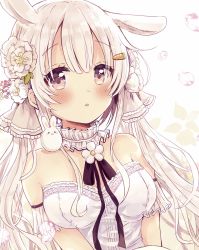 Rule 34 | 1girl, animal, animal ears, animal on shoulder, bad id, bad twitter id, bare shoulders, black bow, blush, bow, breasts, brown eyes, carrot hair ornament, cleavage, commentary, dress, flower, food-themed hair ornament, hair between eyes, hair flower, hair ornament, hair ribbon, hairclip, highres, long hair, looking at viewer, medium breasts, original, parted lips, rabbit, rabbit ears, rabbit on shoulder, ribbon, sakura oriko, solo, strapless, strapless dress, symbol-only commentary, upper body, water drop, white background, white dress, white flower, white hair, white ribbon