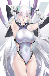 Rule 34 | 1girl, absurdres, armpits, arms up, azur lane, black gloves, black jacket, breasts, covered navel, cowboy shot, cropped jacket, flying sweatdrops, gloves, gluteal fold, gradient background, groin, hair between eyes, headgear, highres, impossible clothes, impossible leotard, jacket, kearsarge (azur lane), large breasts, leotard, lips, long bangs, long hair, looking at viewer, multicolored clothes, multicolored jacket, open mouth, purple eyes, signature, simple background, solo, sweatdrop, teeth, thong leotard, two-tone jacket, upper teeth only, white hair, white jacket, white leotard, zhemuxuanhua