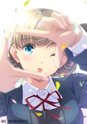 Rule 34 | 1girl, absurdres, artist name, blue eyes, blue jacket, commentary request, dress, finger frame, grey dress, highres, jacket, light brown hair, long sleeves, looking at viewer, love live!, love live! superstar!!, medium hair, multicolored hair, musashiya chougenbou, neck ribbon, one eye closed, open mouth, petals, pink hair, portrait, red ribbon, ribbon, school uniform, shirt, solo, streaked hair, tang keke, twitter username, white background, white shirt, yuigaoka school uniform