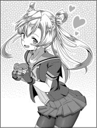 Rule 34 | 10s, 1girl, abukuma (kancolle), bike shorts, blush, bow, box, commentary request, gift, gift box, gloves, greyscale, hair rings, heart, heart-shaped box, holding, holding gift, kantai collection, long hair, looking at viewer, monochrome, open mouth, partially fingerless gloves, pleated skirt, polka dot, polka dot ribbon, ribbon, sailor collar, school uniform, shino (ponjiyuusu), short sleeves, shorts, shorts under skirt, skirt, smile, solo, sweat, twintails