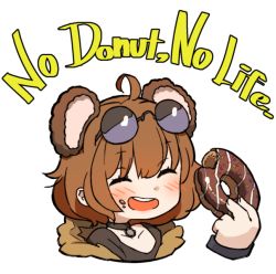 Rule 34 | 1girl, :d, aged down, ahoge, amonitto, animal ears, bear ears, black choker, blush, brown hair, choker, closed eyes, commentary request, doughnut, english text, eyewear on head, food, food in mouth, girls&#039; frontline, grizzly mkv (girls&#039; frontline), grizzly mkv (teddy transform!) (girls&#039; frontline), holding, holding food, official alternate costume, open mouth, short hair, simple background, smile, solo, sunglasses, white background