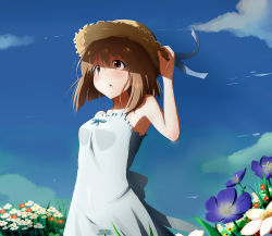 Rule 34 | 1girl, bare shoulders, blush, bob cut, brown eyes, brown hair, cloud, day, dress, flower, hagiwara yukiho, hat, highres, holding, holding clothes, holding hat, idolmaster, idolmaster (classic), open mouth, rariemonn, short hair, sky, solo, straw hat, sundress