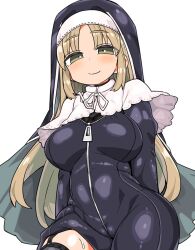 Rule 34 | 1girl, blonde hair, blush, bodysuit, breasts, capelet, closed mouth, commentary request, copyright request, green eyes, kanikama, large breasts, long hair, looking at viewer, nijisanji, nun, simple background, sister claire, smile, solo, thighs, virtual youtuber, white background, white capelet, zipper
