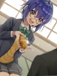 Rule 34 | 1boy, 1girl, back, black-framed eyewear, black jacket, blue eyes, blue hair, blush, bow, bowtie, bread, cardigan, ciel (tsukihime), collared shirt, commentary, curry bread, food, glasses, green bow, green neckwear, grey skirt, hair between eyes, highres, holding, holding food, indoors, jacket, long sleeves, looking at viewer, miniskirt, mixgrill, open clothes, open jacket, open mouth, out of frame, school uniform, seiza, shirt, short hair, sitting, skirt, smile, teeth, tohno shiki, tongue, tsukihime, tsukihime (remake), uniform, upper teeth only, white shirt, yellow cardigan