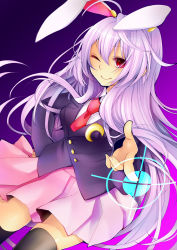 Rule 34 | 1girl, animal ears, black thighhighs, blazer, blouse, breasts, crescent moon, extra ears, gradient background, hand on own hip, jacket, long hair, looking at viewer, moon, necktie, one eye closed, pleated skirt, pointing, pointing at viewer, purple hair, rabbit ears, red eyes, reisen udongein inaba, sakurako (moutan), shirt, skirt, smile, solo, thighhighs, touhou, very long hair