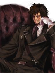 Rule 34 | 00s, 1boy, arisue kanako, brown eyes, brown hair, couch, final fantasy, final fantasy x, formal, gloves, jecht, long hair, male focus, scar, smile, solo, suit