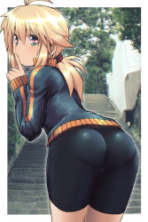 Rule 34 | 1girl, antenna hair, ass, bike shorts, black jacket, black shorts, blonde hair, closed mouth, commentary request, finger to mouth, from behind, green eyes, hair between eyes, highres, jacket, koshirae tsurugi (m.m), leaning forward, looking at viewer, looking back, low ponytail, m.m, original, photo background, ponytail, short shorts, shorts, shushing, solo, stairs, stone stairs, track jacket