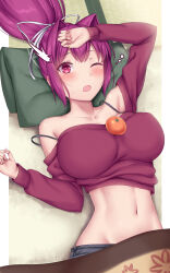 Rule 34 | 1girl, absurdres, artist name, bad tag, bare shoulders, blush, breasts, female focus, hair intakes, headband, highres, huge breasts, long hair, lying, midriff, one eye closed, open mouth, pillow, ponytail, purple eyes, purple hair, soukitsu, sweater, tagme, under night in-birth, waking up, white headband, yuzuriha (under night in-birth)
