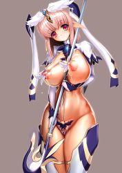 Rule 34 | 1girl, absurdres, blush, breasts, cameltoe, censored, cleft of venus, covered erect nipples, destiny (ishida), exposed clitoris, g y t, highres, lactation, large breasts, looking at viewer, navel, nipples, pink eyes, pink hair, pointless censoring, pointy ears, pussy, revealing clothes, smile, solo, staff