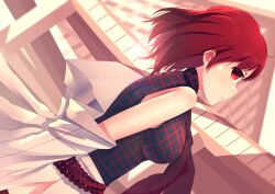 Rule 34 | 1girl, absurdres, bare shoulders, black shirt, breasts, closed mouth, dutch angle, from side, highres, horikawa raiko, large breasts, looking at viewer, penglai tea, plaid, plaid shirt, red eyes, red hair, shirt, short hair, skirt, sleeveless, sleeveless shirt, solo, touhou, white skirt
