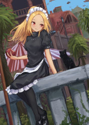 Rule 34 | 1girl, :t, alternate costume, alternate hairstyle, apron, arm support, black cat, black dress, black footwear, black pantyhose, blonde hair, blue sky, blush, breasts, building, cat, commentary request, dark-skinned female, dark skin, day, dress, dusty (gravity daze), dutch angle, enmaided, feet out of frame, food, forehead, gravity daze, highres, holding, holding food, kitten (gravity daze), long hair, looking at another, maid, maid apron, medium breasts, outdoors, pantyhose, petticoat, ponytail, puffy short sleeves, puffy sleeves, red eyes, roke (taikodon), shoes, short sleeves, sitting, sky, smile, tree, waist apron