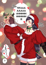 Rule 34 | 1boy, 1girl, antlers, babigonice, bare shoulders, belt, black hair, black thighhighs, blonde hair, blush, boots, breasts, breath, brown footwear, carrying, carrying person, christmas, cloud strife, collarbone, couple, covering face, cowboy shot, dress, earrings, embarrassed, english text, final fantasy, final fantasy vii, final fantasy vii remake, fur-trimmed dress, fur-trimmed headwear, fur-trimmed jacket, fur trim, gloves, hands on own face, hat, heart, hetero, highres, horns, jacket, jewelry, large breasts, light particles, long hair, looking at another, low-tied long hair, merry christmas, neck ribbon, open mouth, princess carry, red dress, red eyes, red gloves, red headwear, red jacket, reindeer antlers, ribbon, santa costume, santa dress, santa gloves, santa hat, single earring, speech bubble, spiked hair, swept bangs, text focus, thighhighs, tifa lockhart, zettai ryouiki