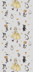 Rule 34 | 1girl, absurdres, african penguin, animal, bandages, bee, bird, blonde hair, blunt bangs, bob cut, boots, brown footwear, bug, candy, commentary, crown, dress, egg, flower, food, frilled dress, frills, frying pan, grey background, halloween, hat, highres, honey, honeycomb (object), insect, jack-o&#039;-lantern, jar, juliet sleeves, long sleeves, looking at viewer, nekosuke (oxo), original, penguin, pie, pie slice, puffy sleeves, pumpkin pie, purple flower, red flower, ribbon, short hair, simple background, standing, symbol-only commentary, tileable, walking, witch hat, yellow dress, yellow ribbon