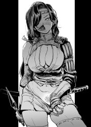 Rule 34 | 1girl, armor, black hair, blush, breasts, cleavage, clothes pull, commentary request, fingerless gloves, fishnets, furrowed brow, gauntlets, gloves, greyscale, headband, highres, ichiren takushou, japanese clothes, katana, kunai, kunoichi, large breasts, long hair, looking at viewer, mask, monochrome, mouth mask, ninja, ninja mask, original, pants, pants pull, pubic tattoo, reverse grip, short sword, solo, sweat, sword, tattoo, thighs, weapon