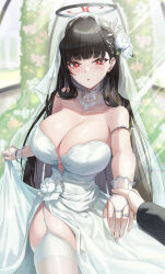 Rule 34 | 1girl, 1other, alternate costume, bare shoulders, black hair, blue archive, blunt bangs, blush, breasts, cleavage, commentary request, dress, flower, hair ornament, hairclip, halo, highres, jewelry, large breasts, long hair, looking at viewer, red eyes, ring, rio (blue archive), rose, slime nyang, thighhighs, wedding dress, wedding ring, white dress, white flower, white rose, white thighhighs