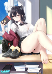 Rule 34 | &gt; &lt;, 1girl, absurdres, ahoge, animal ear fluff, animal ears, azur lane, bag, bare legs, barefoot, black bag, black bow, black bowtie, black footwear, black hair, black skirt, blue sky, book, book stack, bow, bowtie, bra, bra peek, bra visible through clothes, breasts, button gap, cat ears, charm (object), classroom, cleavage, closed mouth, cloud, collared shirt, crossed bangs, day, desk, feet, foot out of frame, glasses, hair between eyes, handheld game console, highres, holding, holding handheld game console, honolulu (azur lane), honolulu (umbrella girl) (azur lane), huge ahoge, indoors, jacket, kemonomimi mode, knee up, large breasts, leaning back, leg up, loafers, long hair, long sleeves, looking at object, manjuu (azur lane), miniskirt, off shoulder, official alternate costume, on desk, open clothes, open jacket, pleated skirt, red eyes, red jacket, revision, rimless eyewear, round eyewear, school bag, school uniform, see-through, see-through shirt, shigatsu (4gate), shirt, shirt tucked in, shoes, unworn shoes, sidelocks, sitting, skirt, sky, smile, solo, sunlight, taihou (azur lane), taihou (sweet time after school) (azur lane), taut clothes, taut shirt, thighs, toenails, toes, underwear, white bra, window