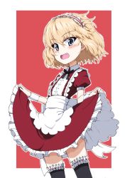 Rule 34 | 1girl, :d, black thighhighs, blonde hair, blue eyes, fang, frilled hairband, frilled thighhighs, frills, girls und panzer, hairband, katyusha (girls und panzer), kayabakoro, looking at viewer, open mouth, short hair, simple background, skirt hold, smile, solo, thighhighs, wrist cuffs