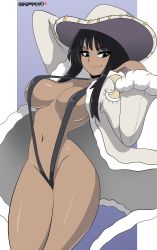 Rule 34 | 1girl, bigdead, breasts, breasts apart, commission, dark-skinned female, dark skin, highres, large breasts, legs together, muted color, nico robin, one piece, slingshot swimsuit, solo, swimsuit, swimsuit under clothes, tagme