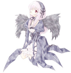 Rule 34 | 00s, 1girl, black wings, bow, dress, frills, full body, gothic lolita, hairband, headband, lolita fashion, long hair, long sleeves, looking up, nyoi, pale skin, red eyes, ribbon, rozen maiden, seiza, simple background, sitting, solo, suigintou, white background, white hair, wings