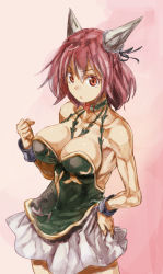 Rule 34 | 1girl, adapted costume, bare arms, bare shoulders, breasts, choker, cleavage, clenched hand, commentary request, cuffs, hand on own hip, horns, ibaraki kasen, large breasts, looking at viewer, miniskirt, oni, pink background, pink eyes, pink hair, scrunchie, shackles, short hair, skirt, skirt set, solo, toned, touhou, v-shaped eyebrows, yohane