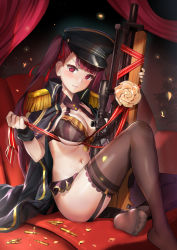 Rule 34 | 1girl, bikini, black bikini, black hat, black jacket, black thighhighs, blunt bangs, blush, breasts, bullpup, cartridge, cleavage, couch, epaulettes, garter straps, girls&#039; frontline, glint, gun, hair ribbon, hat, himonoata, holding, holding gun, holding weapon, jacket, jacket on shoulders, knee up, lace, lace-trimmed legwear, lace trim, large breasts, long hair, looking at viewer, military jacket, navel, night, night sky, no shoes, on couch, one side up, open clothes, open jacket, peaked cap, purple eyes, purple hair, red ribbon, ribbon, rifle, sitting, sky, sniper rifle, soles, solo, stomach, striped bikini, striped clothes, swimsuit, thighhighs, unbuttoned, v-shaped eyebrows, vertical-striped bikini, vertical-striped clothes, very long hair, wa2000 (girls&#039; frontline), walther, walther wa 2000, weapon, wrist cuffs