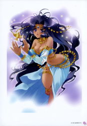 Rule 34 | 1girl, :d, absurdres, arabian clothes, bare shoulders, barefoot, barefoot sandals (jewelry), blue hair, blush, breasts, carnelian, cleavage, collar, dark-skinned female, dark skin, elbow gloves, gloves, highres, jewelry, large breasts, leg up, long hair, midriff, navel, oil lamp, open mouth, purple eyes, sandals, smile, solo, tiara, very long hair