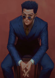 Rule 34 | 1boy, absurdres, ahen joo, black hair, blue pants, blue suit, brown eyes, chair, formal, glasses, highres, hunter x hunter, indoors, leorio paladiknight, long sleeves, looking at viewer, male focus, manly, necktie, own hands together, pants, realistic, shirt, simple background, sitting, solo, spiked hair, suit, white shirt, yellow necktie