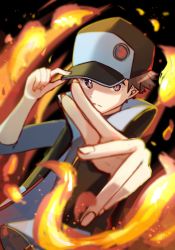 Rule 34 | 1boy, alternate color, black coat, black hat, blue shirt, blurry, brown eyes, brown hair, closed mouth, coat, commentary request, creatures (company), fire, game freak, hand on headwear, hat, high collar, looking at viewer, male focus, nintendo, outstretched arm, pokemon, pokemon masters ex, red (pokemon), red (sygna suit) (pokemon), shirt, short hair, sleeveless, sleeveless coat, solo, ssn (sasa8u9r)