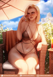 Rule 34 | 1girl, android 18, arm rest, beach chair, beach umbrella, bikini, black bikini, blonde hair, blue sky, blurry, blurry background, breasts, breasts apart, building, cup, dragon ball, dragonball z, drinking glass, drinking straw, earrings, gumroad username, hand up, highres, jewelry, large breasts, lips, looking at viewer, luminyu, multi-strapped bikini, navel, outdoors, parted lips, patreon username, plant, removing eyewear, shade, short hair, signature, sitting, sky, solo, sunglasses, sunlight, swimsuit, towel, twitter username, umbrella