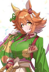 +_+ 1girl absurdres animal_ears blush choker closed_mouth commentary_request daruma_doll ear_covers ema flipped_hair flower green_kimono hair_between_eyes hair_flower hair_ornament hair_ribbon highres horse_ears horse_girl japanese_clothes kimono light_frown looking_at_viewer matikanefukukitaru_(chance_encounters_can_be_a_blessing)_(umamusume) matikanefukukitaru_(umamusume) official_alternate_costume orange_eyes orange_hair portrait raised_eyebrows red_choker ribbon ribbon_choker shide short_hair single_ear_cover solo symbol-shaped_pupils umamusume yorozuya_(yoroz_ryobi)