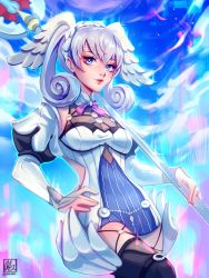 Rule 34 | 1girl, alina l, blue eyes, braid, breasts, crown braid, curly hair, dress, head wings, highres, juliet sleeves, long hair, long sleeves, looking at viewer, medium breasts, melia antiqua, o-ring, puffy sleeves, short dress, simple background, smile, solo, staff, thighhighs, upper body, wings, xenoblade chronicles: future connected, xenoblade chronicles (series), xenoblade chronicles 1
