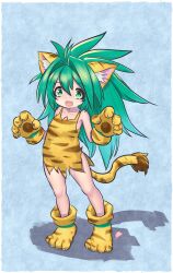 1girl absurdres animal_ears animal_hands blue_background cat_ears cat_girl cat_paws cat_tail cham_cham commentary dress elementary_(lolipope) fang gloves green_eyes green_hair highres long_hair open_mouth orange_dress paw_gloves paw_shoes samurai_spirits shadow simple_background skin_fang solo standing tail