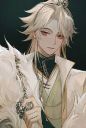 Rule 34 | 1boy, :|, bishounen, chinese clothes, closed mouth, coat, code: kite, expressionless, fur-trimmed coat, fur trim, hair over shoulder, hand up, hanfu, highres, long sleeves, looking at viewer, male focus, orange eyes, pangyingkun, solo, yang xiu (code: kite), yellow eyes