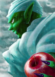 Rule 34 | 1boy, apple, bad id, bad pixiv id, black eyes, cape, close-up, cloud, cloudy sky, dragon ball, dragonball z, expressionless, fingernails, food, fruit, highres, long fingernails, looking away, male focus, outdoors, piccolo, pointy ears, profile, rain, serious, sky, solo, tetsuyo, turban, upper body, wet, wet clothes