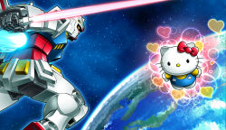 Rule 34 | animal ears, beam saber, black eyes, bow, cat ears, crossover, earth (planet), gundam, heart, hello kitty, hello kitty (character), highres, mecha, mobile suit gundam, no humans, official art, planet, red bow, robot, rx-78-2, sanrio, solid oval eyes, space, yellow eyes
