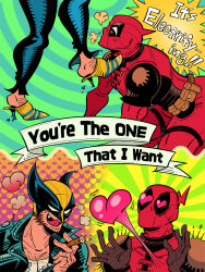 2boys all_fours bodysuit chest_hair cigar commentary_request cosplay deadpool deadpool_&amp;_wolverine deadpool_(series) english_text facial_hair gloves heart heart-shaped_pupils heart_out_of_chest high_heels highres holding holding_cigar jacket john_travolta leather leather_jacket leather_pants licking_lips looking_at_another lovestruck male_focus marvel marvel_cinematic_universe mask multiple_boys muscular muscular_male olivia_newton_john om85549 pants red_bodysuit red_mask sandy_olsson sandy_olsson_(cosplay) stepped_on superhero_costume symbol-shaped_pupils tongue tongue_out wolverine_(x-men) x-men yaoi