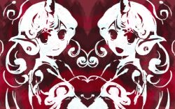 Rule 34 | 2girls, closed mouth, commentary request, curly hair, horns, kaigen 1025, komainu ears, komano aunn, long hair, mirror image, monochrome, multiple girls, no nose, open mouth, red theme, shirt, short sleeves, single horn, sketch, smile, touhou