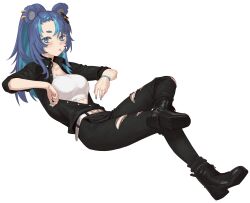 Rule 34 | 1girl, agemmata, animal ears, bear ears, bear girl, black footwear, black pants, black shirt, blue eyes, blue hair, blue nails, blush, box, breasts, crossed legs, earrings, fujikura uruka, highres, jewelry, long hair, looking at viewer, medium breasts, pants, parted lips, phase connect, shirt, simple background, sitting, solo, strapless, toothpick, torn clothes, torn pants, tube top, unbuttoned, unbuttoned shirt, virtual youtuber, white tube top, wristband