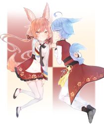 Rule 34 | 1boy, 1girl, animal ears, blue eyes, blue hair, child, fox ears, fox tail, highres, korean clothes, long hair, looking at viewer, miho (talesrunner), red eyes, red hair, short hair, siho (talesrunner), simple background, tail, talesrunner, twintails