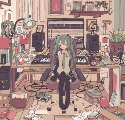 Rule 34 | 1girl, akashia (akasia313), arms behind back, black thighhighs, book, cable, chair, closed eyes, computer, green hair, hatsune miku, highres, lamp, plant, potted plant, sitting, thighhighs, vocaloid