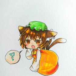 Rule 34 | 1girl, :o, ?, animal ear fluff, animal ear piercing, animal ears, blush, bow, bowtie, brown eyes, brown hair, cat ears, chaki (kinaneko2149), chen, chibi, commentary request, dress, earrings, ears down, full body, green hat, hand up, hat, highres, jewelry, kneeling, long sleeves, mob cap, open mouth, red dress, short hair, simple background, single earring, sleeves past fingers, sleeves past wrists, solo, spoken question mark, teeth, touhou, traditional media, upper teeth only, white background, yellow bow, yellow bowtie