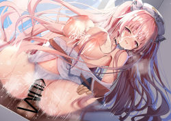 Rule 34 | 1boy, 1girl, azur lane, bar censor, blunt bangs, blush, censored, clothed female nude male, clothing aside, cross hair ornament, cum, cum on body, curtains, day, facial, hair ornament, hetero, highres, indoors, long hair, madotsukumo, motion blur, motion lines, nipples, nude, panties, panties aside, parted bangs, penis, perseus (azur lane), perseus (unfamiliar duties) (azur lane), pink hair, purple eyes, pussy juice, sex, sex from behind, thighhighs, twintails, underwear, white panties, white thighhighs
