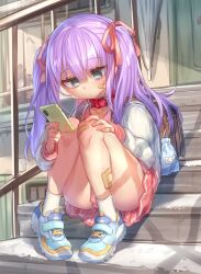 Rule 34 | 1boy, aqua eyes, bandaged wrist, bandages, bandaid, bandaid on face, crossdressing, highres, holding, holding phone, iq2coore, long hair, male focus, original, phone, pink skirt, purple hair, sitting, sitting on stairs, skirt, socks, solo, stairs, trap, twintails